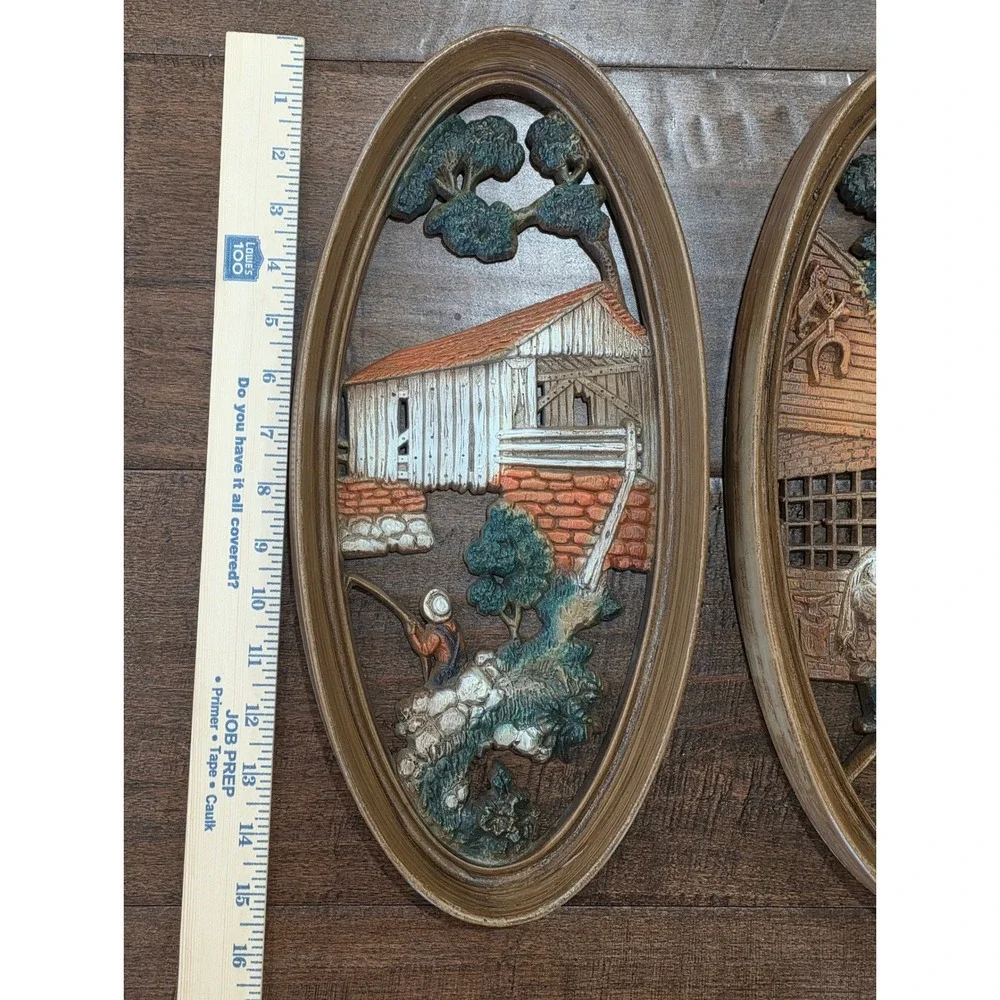VTG 60s 3D Rustic Farmhouse Cottage Country Wall Art Plaques Set of 3 Oval Decor